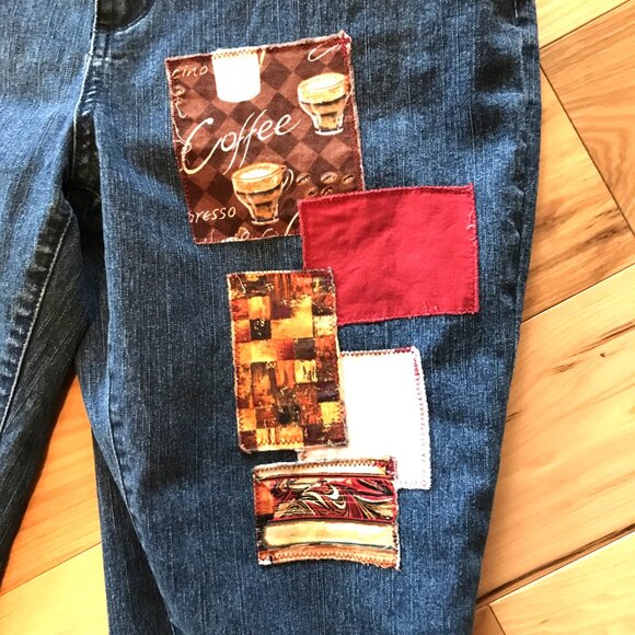 Upcycled Coldwater Creek Cropped Jeans, Coffee Books Theme Capris, Size 10 - Picture 8 of 10